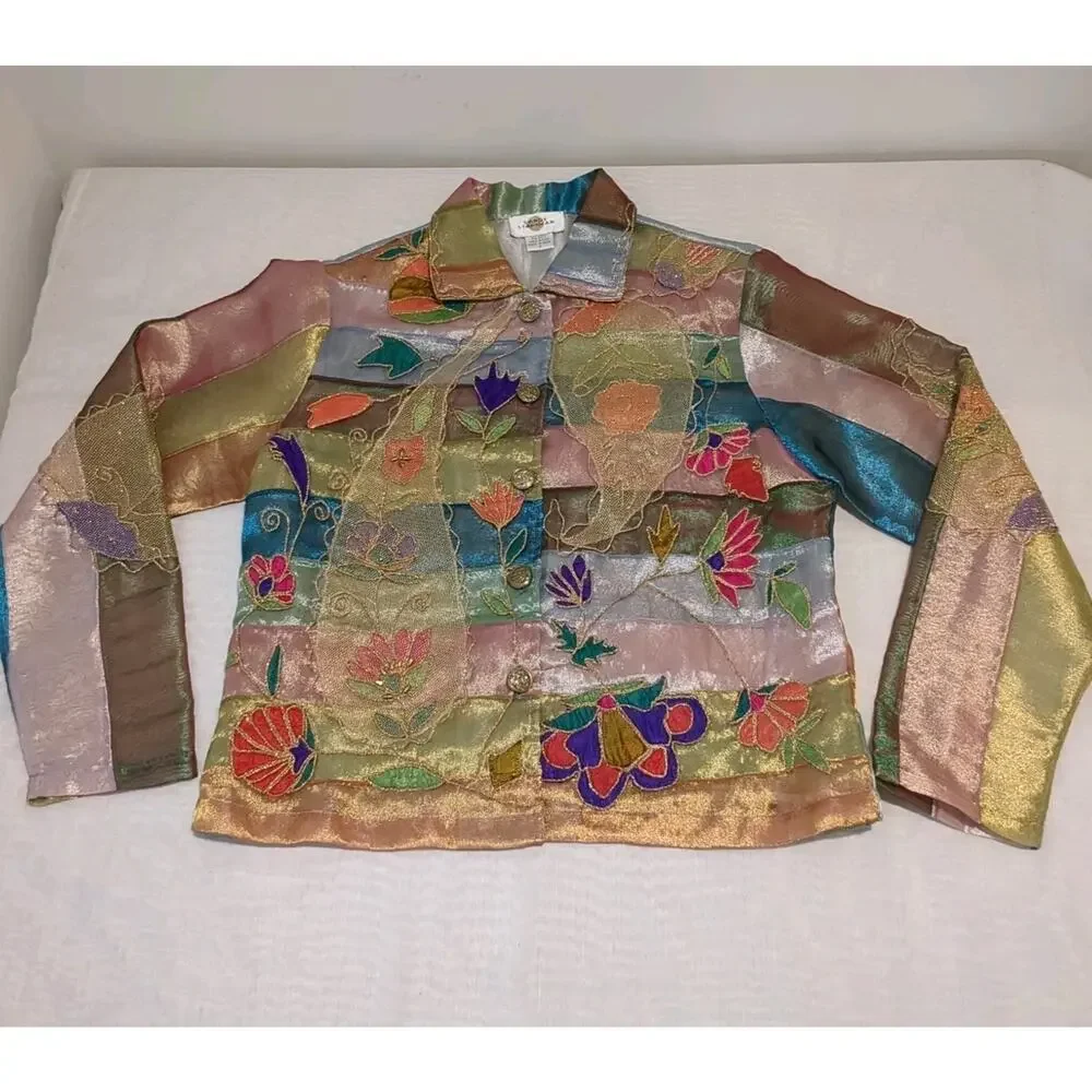 Sandy Starkman Womens S Sheer Colorful Boho Embroidered Floral Appliqué Jacket